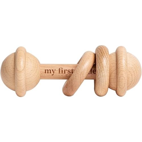 Pearhead Wooden Baby Rattle & Teether – Laser-Engraved Keepsake, Natural Beechwood, Montessori Sensory Toy Develops Fine Motor Skills & Hand-Eye Coordination, Newborn Gift, 0+ Months