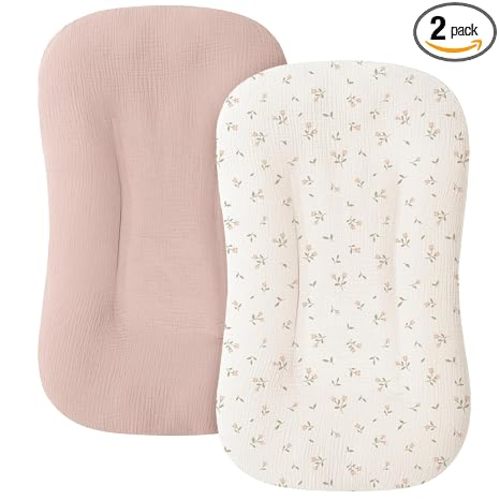 MairMore Muslin Baby Lounger Cover for Newborn & Infant, 100% Cotton Soft and Breathable Lounger Slipcover for Baby Girls and Boys, Pack of 2 (Pink Blossom)