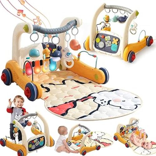 4 in 1 Baby Play Mat Activity Gym,Baby Kick and Play Piano Tummy Time Mat,Musical Learning Push Walker with Light up Interactive Toys Gift for Babies 0-6-12 Months Infant Boys Girls Newborn