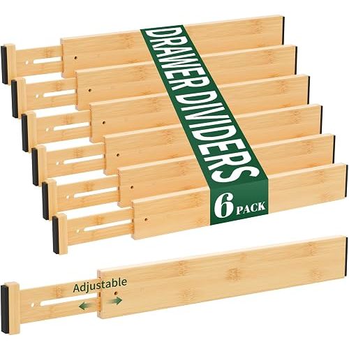 Dunruz 6 Pack Bamboo Drawer Dividers 2.6" High,17-22" Adjustable Spring Loaded Clothes Drawer Organizers for Kitchen, Dresser, Bathroom, Bedroom and Office