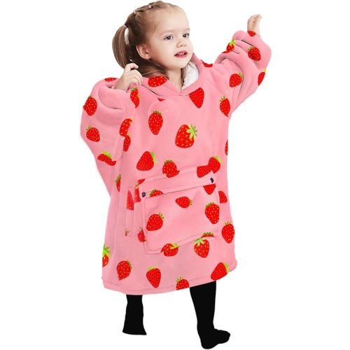 KFUBUO Wearable Blanket Hoodie for Kids Toddlers Sherpa Blanket Sweatshirt With Pocket Cute Hoodies 2-6 Year Old Girl Birthday Gifts Strawberry