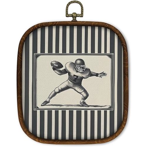 WULQYING Vintage Football Wall Art Decor, Boys Sports Framed Canvas Art Prints, Grey Striped Classic Football Player Wall Hanging Decor for Kids Nursery Room Home Bedroom Sport Room, 5.7x6.5 Inches
