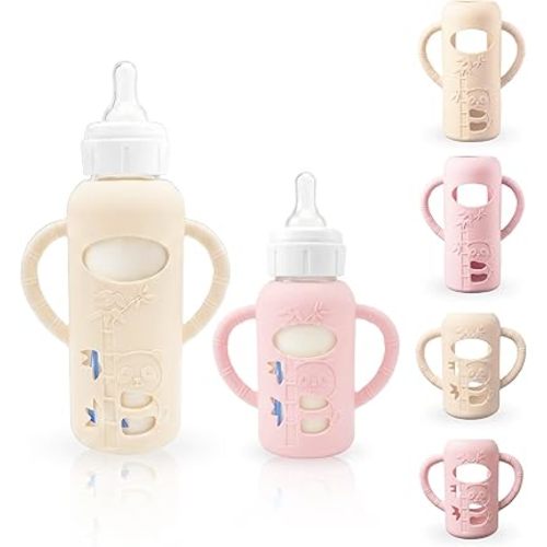 4-Pack Silicone Sleeves for Dr. Brown's Glass Baby Bottles, BPA-Free Drop-Resistant Baby Bottle Sleeves with Handles, Compatible with Dr Brown's Anti-Colic Narrow Glass Baby Bottles (4 & 8 oz)
