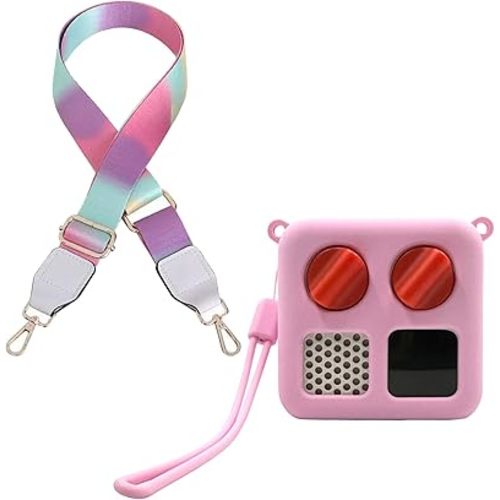 Upgraded Silicone Case with Shoulder Strap for Yoto Mini Adventure Jacket Yoto Accessories Protective Silicone Cover with Wrist Lanyard, Colorful Strap Pink