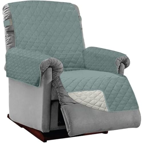 Sofa Shield Recliner Slip Cover with Patented Strap, Cushion Protector, Reversible Stain and Dog Tear Resistant Slipcover, Quilted Microfiber 28in Seat, Washable Covers for Dogs Pets, Seafoam Cream