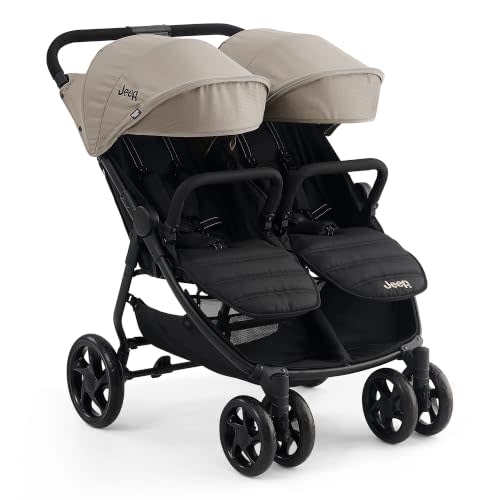 Jeep Lightweight Side by Side Double Stroller, Travel Stroller, Soft Tan | 29-lb aluminum frame, Compact fits 30-inch doorways, independent recline, SPF 50 canopies, rear suspension self-standing fold