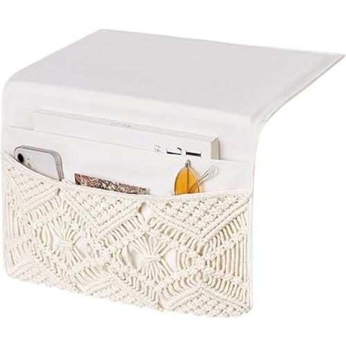 Mkono Macrame Bedside Caddy Storage Organizer Boho Remote Control Tablet Magazine Holder with 4 Pockets Non-slip Countertop Bedside Caddy for Home Bedroom Living Room College Dorm Bed, Ivory