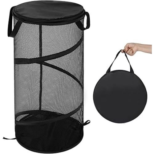 BATTOO Large Collapsible Laundry Basket with Lid Foldable Mesh Pop Up Hamper with Handles for Laundry Room, Bathroom, Kids Room, College Dorm, Travel, Storage Organizer Black