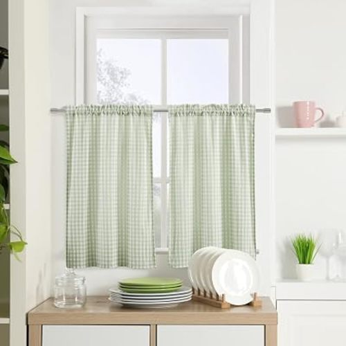 ZJDECOR Sage Green White Buffalo Plaid Kitchen Curtains 36 Inches Length