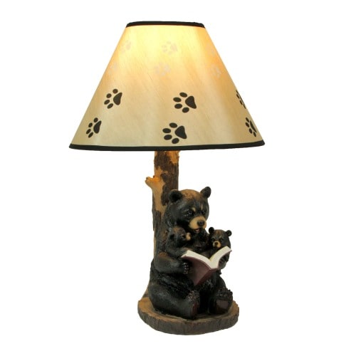 Zeckos Black Bear Reading to Curious Cubs Table Lamp w-Paw Print Shade