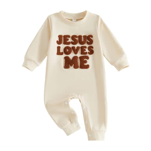Newborn Baby Boy Girl Christian Clothes Jesus Loves Me Jumpsuit | Long Sleeve Romper Sweatshirt Playsuit,Christian Baby Clothes,Baptism Church Outfit,Fall Winter Clothes