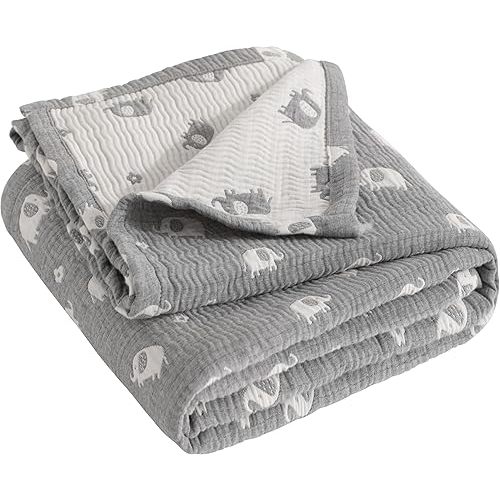 NTBAY 3 Layer Oversized Muslin Cotton Toddler Blanket, Jacquard Reversible Nursery Bed Blanket, Super Soft and Thermal for All Seasons, Baby Gift, 45"x60", Dark Grey Elephant