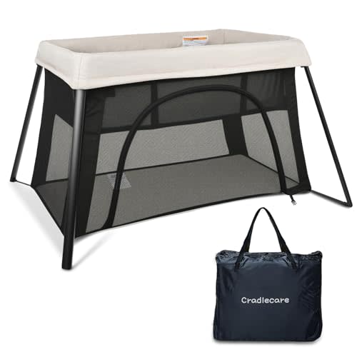 2-in-1 Pack and Play, Lightweight Baby Playpen with Bassinet, Portable Foldable Playard for Travel, Baby Playard with Mesh & Zipper Door (Creamy)