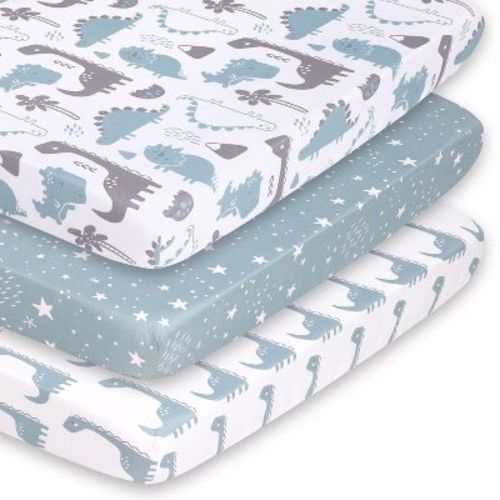 The Peanutshell Mini Crib Sheet Set for Boys - 3 Pack - Multiuse for Pack & Play, Playard, Playpen, Mini Crib - Blue Dino