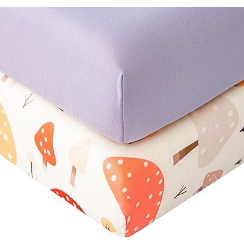 SDIII 2 Pack Mushroom Crib Sheets for Boys Girls Stretchy Microfiber Jersey Knit Fall Fitted Crib Sheet for Standard Crib and Toddler Mattress 52×28×8