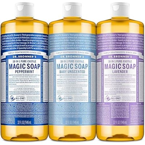 Dr. Bronner's Pure-Castile Magic Liquid Soap Made with Regenerative Organic Oils, Vegan, Concentrated, Body Wash- For Face, Hair, Laundry - 32oz Variety 3-Pack (Peppermint, Baby Unscented, Lavender)