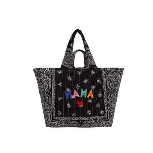 Mama Hand Embroidered Perla Tote Bag: Black Bandana Quilted Weekender Bag, Gift For Her