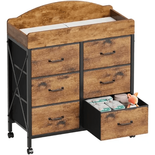 Baby Changing Table Dresser with Wheels, 6-Fabric Drawer Baby Dresser with Changing Table Top, Waterproof Diaper Changing Station & Pad, Mobile Storage Unit, Baby Furniture, Rustic Brown