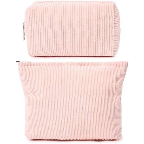 SOIDRAM 2 Pieces Makeup Bag Large Corduroy Cosmetic Bag Capacity Canvas Mix Travel Toiletry Bag Organizer Cute Makeup Brushes Aesthetic Accessories Storage Bag for Women, Corduroy Mix Pink