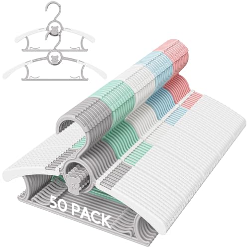 Eunhdet 50 Pack Kids Hangers for Nursery Closet, Adjustable Non-Slip Toddler Baby Hangers with Windproof Buckle, 11-14" Infant Child Plastic Clothes Pant Hanger for Boys Girls Newborn Adult, Multi