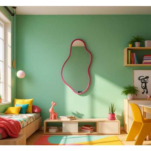 Pebble Asymmetrical Wall Mirror – Magenta Wood Frame, Modern Organic Decor for Kids Rooms, Playful Interiors & Colorful Homes