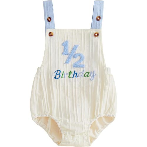 Honganda Baby Boy 1/2 Birthday Outfit Sleeveless Corduroy Overalls Half Way to One Cake Smash Romper for Half Birthday Party