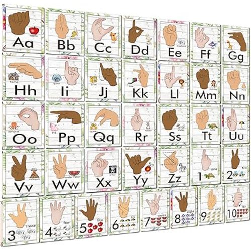 YIYDONG 36 Pieces ASL Alphabet Line Bulletin Board Set ABC Number Sign Language Flash Cards Wall Decorations for Pre-School Kindergarten Elementary Classroom Nursery Homeschool (Farmhouse)