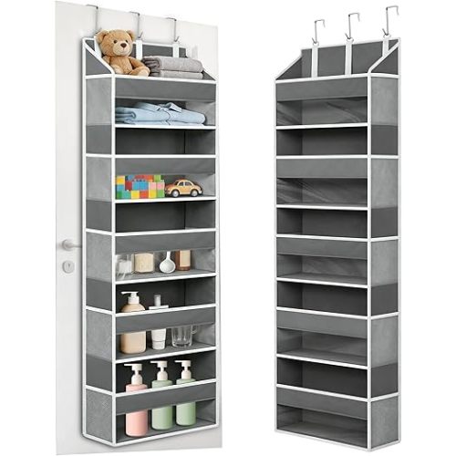 Over the Door Organizer with 5 Large Pockets and 10 Mesh Side Pockets, Hanging Organizer with Clear Windows 44 lbs Weight Capacity for Bedroom, Bathroom, Pantry, Nursery Dark Gray