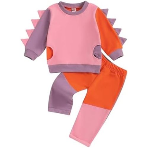 Toddler Baby Boys Girls Dinosaur Outfit Color Block Long Sleeve Sweatshirt Top Jogger Pant Fall Winter Clothes Set