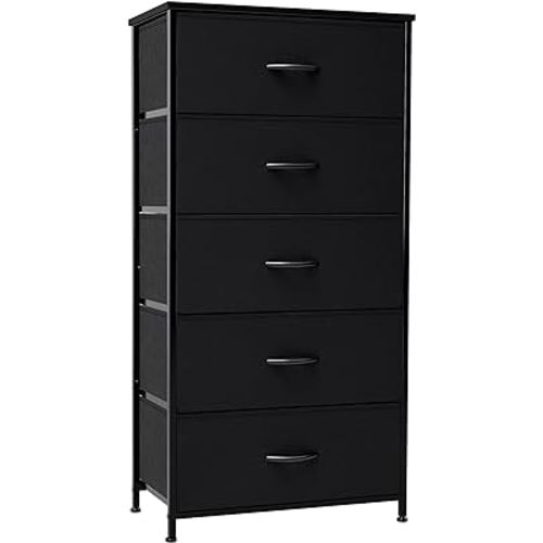 Crestlive Products Vertical Dresser Storage Tower - Sturdy Steel Frame, Wood Top, Easy Pull Fabric Bins - Wide Organizer Unit for Bedroom, Hallway, Entryway, Closets - 5 Drawers(Black)