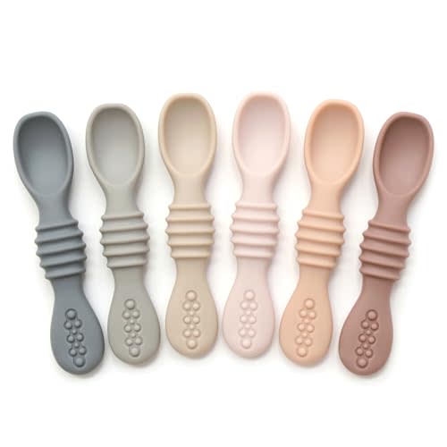 PrimaStella Silicone Chew Spoon 6-Piece Set | First Stage Feeding Spoons | Baby Led Weaning Supplies | BPA Free | Dishwasher and Boil Safe | Neutral Palette