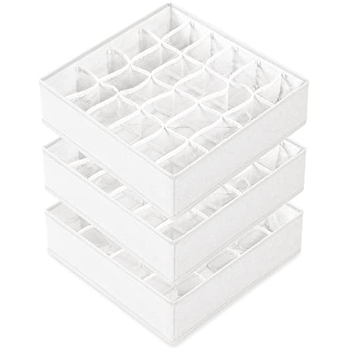 3 Pack Sock Underwear Drawer Organizer Dividers, 64 Cell Fabric Foldable Cabinet Closet Organizers and Storage Boxes for Storing Socks, Panties, Ties (16+24+24 Cell, White)