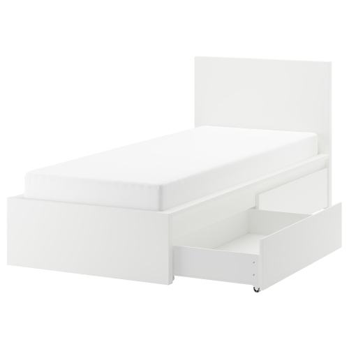 MALM High bed frame/2 storage boxes - white Twin