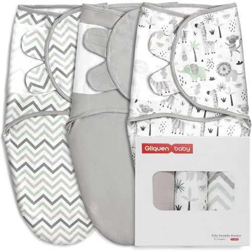 GLLQUEN BABY Organic Swaddle Sleep Sacks for Newborn - Baby Swaddles 0-3 Months, 3-Pack Newborn Swaddling Sack, Gray Stripe & Animal World, Baby Swaddle Blanket Wrap (Small/Medium)