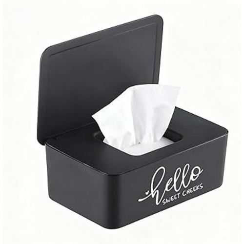 Baby Wipes Dispenser for Bathroom Hello Sweet Cheeks Refillable Flushable Wipes Holder Container with Sealing Design Lid 7.28" L x 4.80" W x 2.75" H (Black)