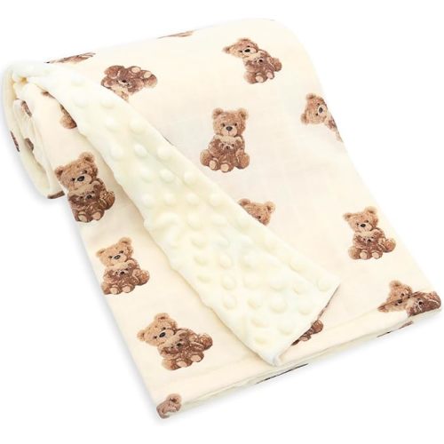 LifeTree Baby Girl & Boy Blankets, Soft Double Layer Swaddle Blankets, Muslin Front and Dotted Fleece Backing Receiving Bed Throw Blanket for Newborn Unisex, 31X40 Inches, Bear Pattern