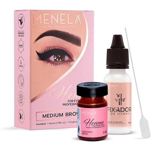 MENELA Eyebrow Henna Tint Kit - Medium Brown Brow Color with Bamboo Extract - Natural Look, Easy Application - 2.5g Henna + 15ml Fixer - Ammonia-Free, Vegan, Cruelty-Free