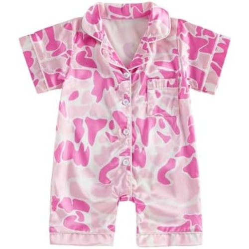 fyclemt Newborn Baby Boy Girl Silk Pajamas Daisy Short Sleeve Button Up One Piece Romper Camo Jumpsuit Nightgown Sleepwear