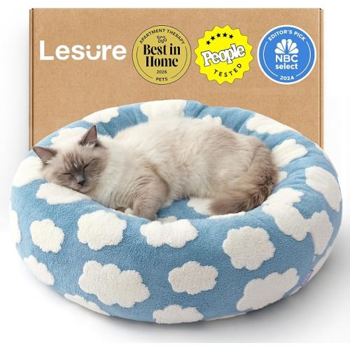 LE SURE Shown on TV Donut Dog Bed Medium Size Dog - Round Cat Beds Indoor as Bed Gift for Calming with Washable Cover, Cute Home Decor Bed with Jacquard Shaggy Plush & Anti Slip Bottom, 30 Inch, Blue
