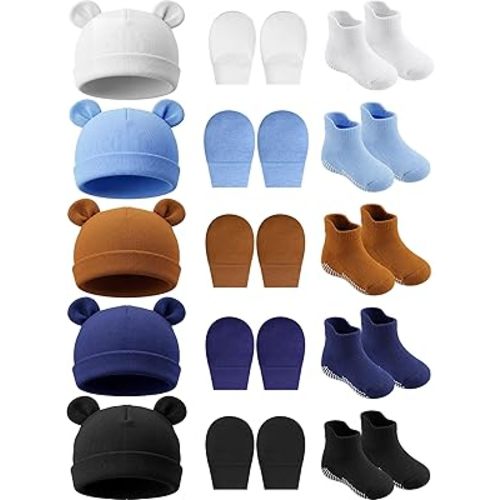 Geyoga Newborn Baby Hat Bear Ears Mittens and Socks Set for 0-6 Month