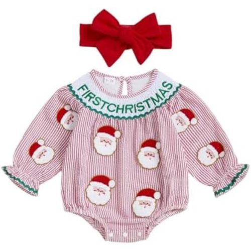Yuemengxuan Baby Girl Christmas Outfit Santa Claus Embroidery Long Sleeve Plaid Bubble Romper with Headband Fall Xmas Clothes