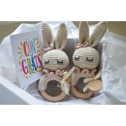 Twins baby gift set with bunny rattle, twin mom gifts, twins pregnancy announcement, twins baby shower, twin girls, twin girl and boy