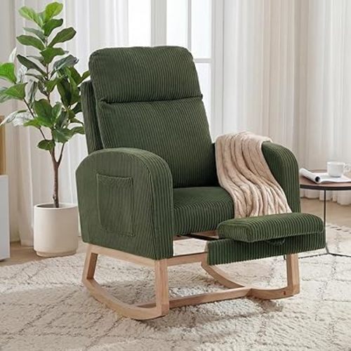 Nursery Rocking Chair with Adjustable Footrest, Corduroy Upholstered Tufted Rocker with Side Pocket, Glider Chair for Living Room or Bedroom, Green