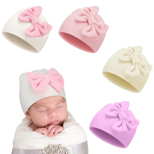 Cuffbow 4 Pcs Preemie Hats Bow Cap Warm Hospital Premature Baby Cotton Beanie for Premature Boy Girl Newborn 3-7 Lbs Infant