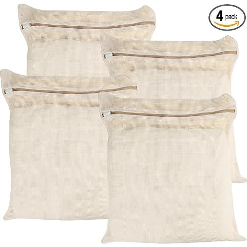 4-Piece Large Durable Organic Cotton Mesh Laundry Bags with Sturdy Zippers and Breathable Mesh are Delicate Laundry Bags for Underwear, Clothes, Pants and Socks