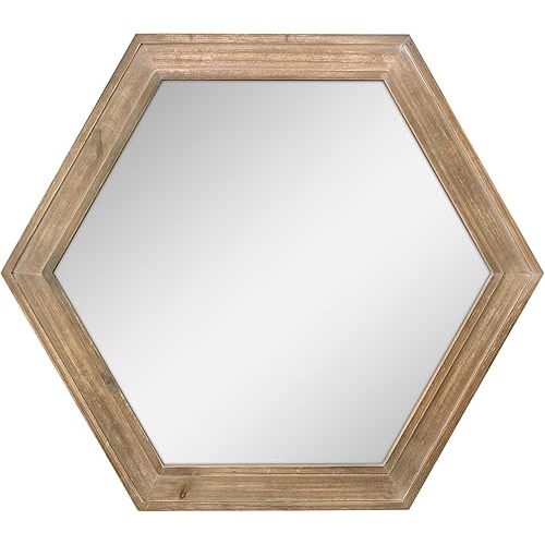 Stonebriar Decorative 24" Hexagon Hanging Wall Mirror with Natural Wood Frame and Attached Hanging Bracket, Rustic Farmhouse Decor for the Living Room, Bathroom, Bedroom, and Entryway Brown