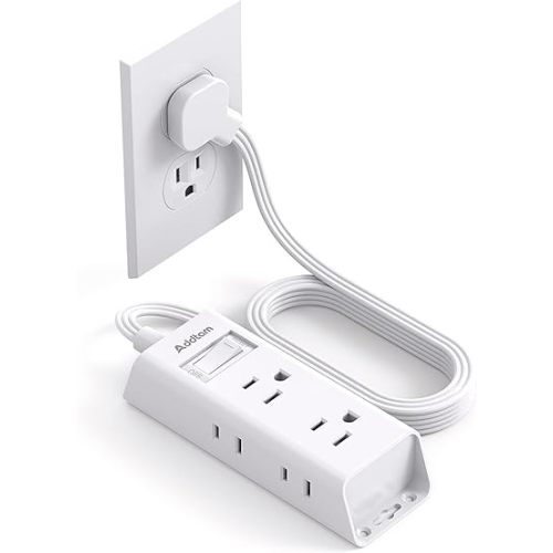 Cruise Essentials - Flat Plug Power Strip, Addtam 5 ft Ultra Flat Extension Cord with 6 Outlets Extender, No Surge Protector for Cruise Ship, Travel, Dorm, Home Office, ETL Listed