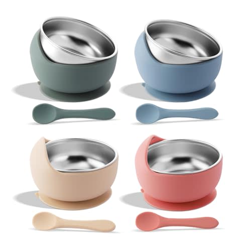 Bakpoco Stainless Steel Suction Bowls with Baby Spoon Set, 2-in-1 SUS304 Toddlers Bowl & Removable Silicone Suction Kids Bowl, Non Toxic Snack Container for Baby Food Feeding, Morandi Colors