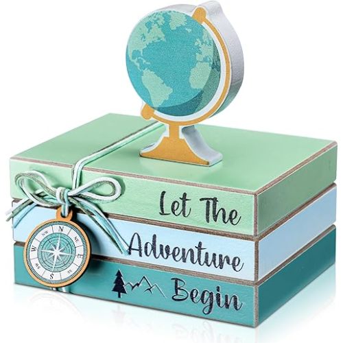 Pinkunn 4 Pieces Travel Themed Wooden Centerpieces Table Toppers Let The Adventure Begin Book Stacks Travel Around The World Bon Voyage for Desk Shelf Home Office Home Living Room