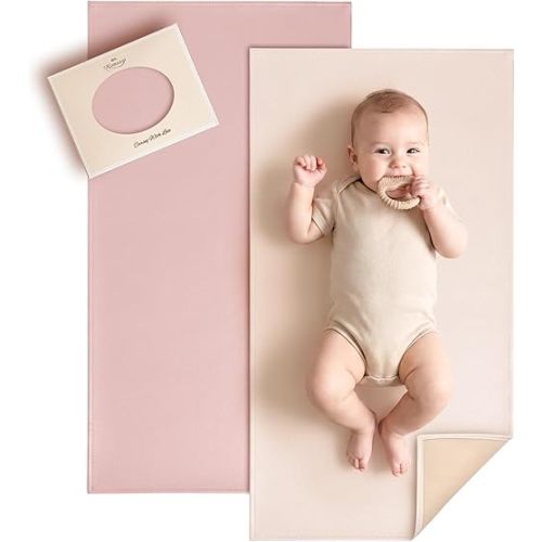 Konssy Faux Leather Baby Changing Mat, Waterproof, Wipeable & Portable Diaper Changing Pad for Travel or Home, Fits Perfectly in Diaper Bag, 30 x 17 inches (Blush,Beige)